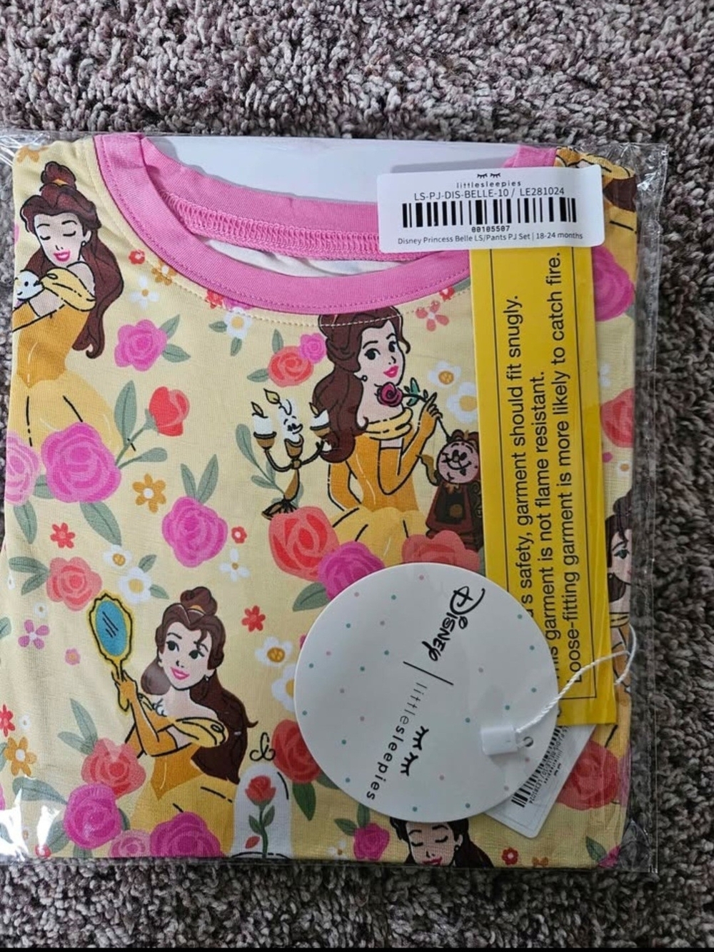 Little Sleepies Disney Belle Yellow Pink Floral Pajama Set